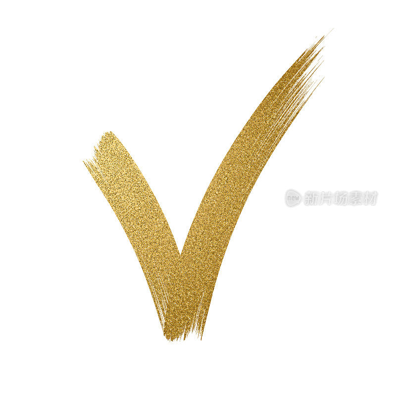 Gold Glitter Icon. Tick sign. Checkmark OK icon. Glitter golden brush stroke on white background